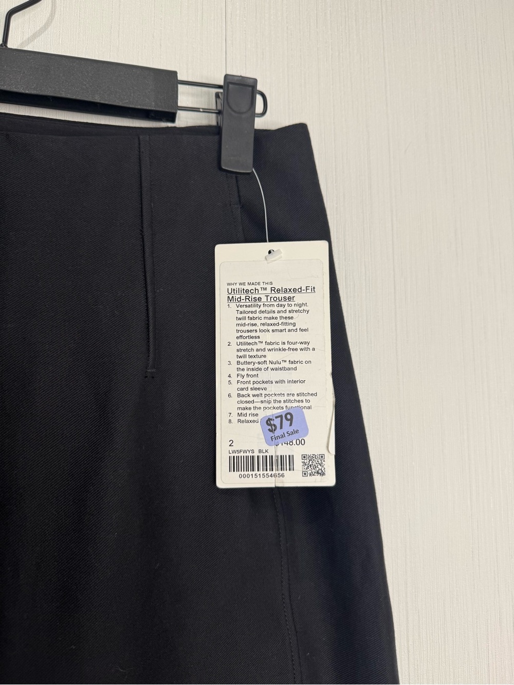 NWT LULULEMON Utilitech Relaxed Fit Mid Rise Trouser Pants. Black. Size 2. - Picture 2 of 5